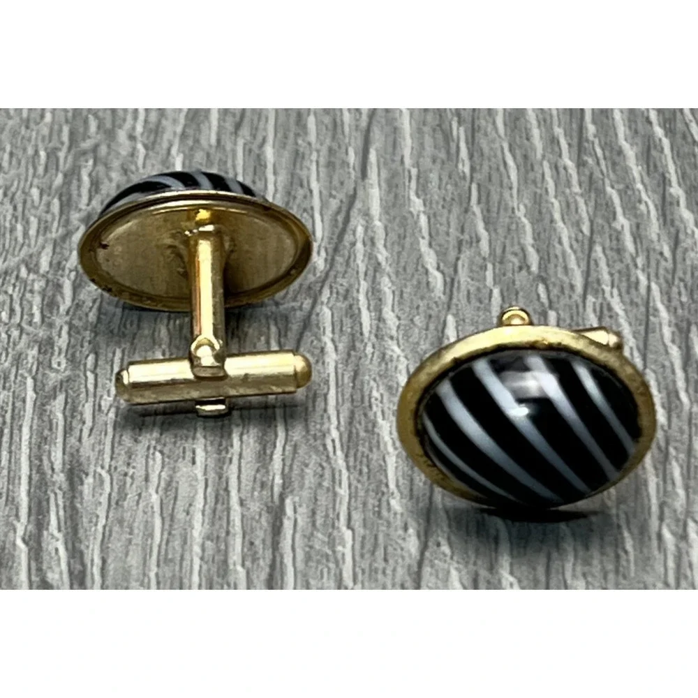 Black White Stripe Oval‎ Cufflinks Mens Gold Tone Domed Cabochon Classic